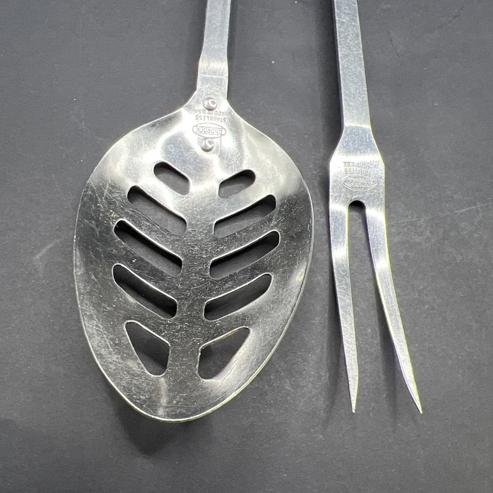 Vintage 2pc Androck Stainless Slotted Spoon & Fork USA Black Handle